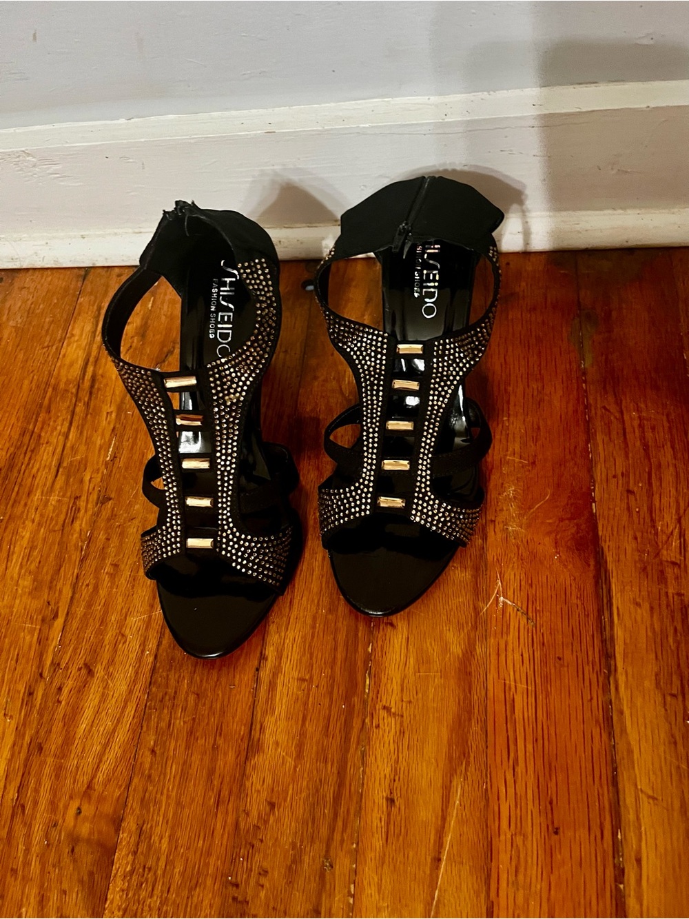 Shiseido Black Crystal-Stud T-Strap Heels